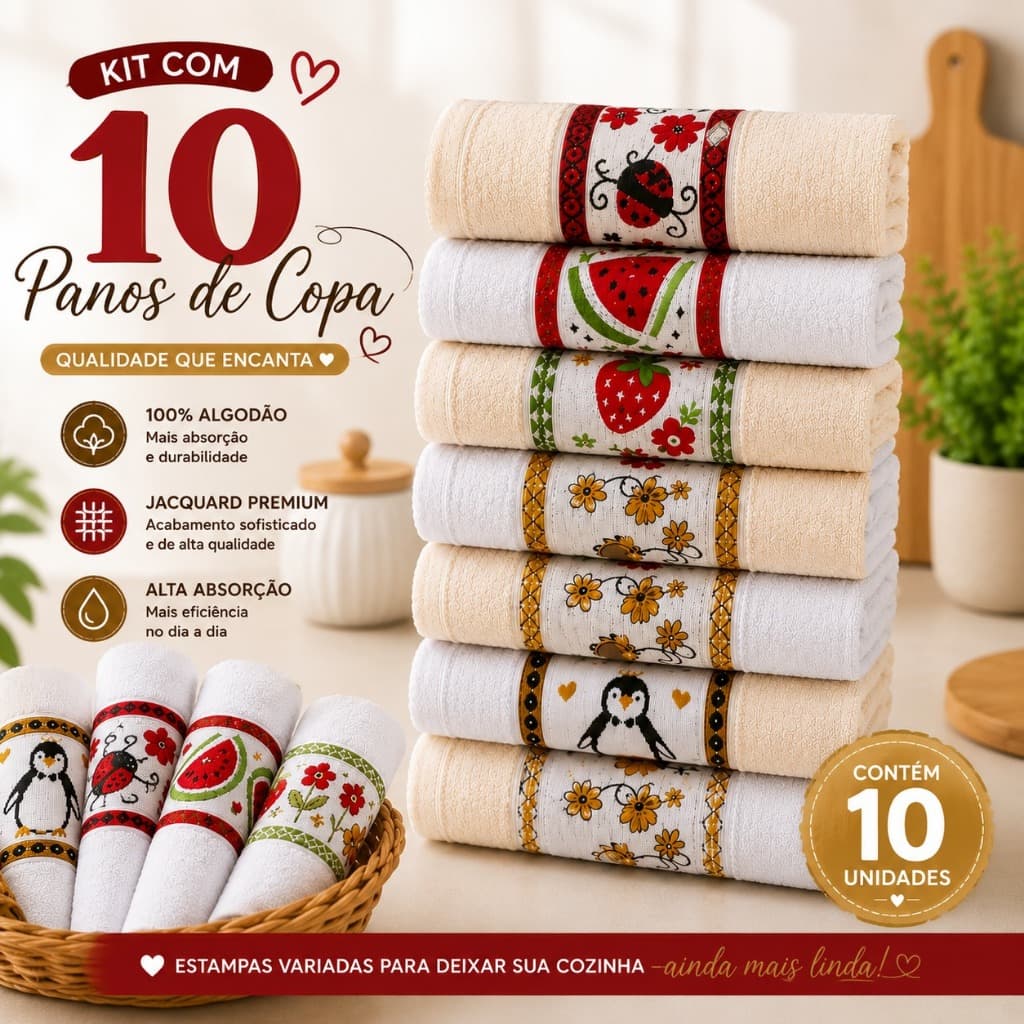 Kit 10 e 5 Panos de Copa Jacquard 100% Algodão 45x75cm Atoalhado Premium Pano de Prato Cozinha