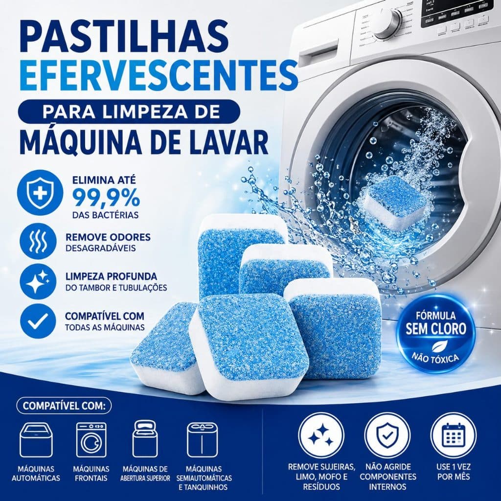 Pastilha Limpeza Máquina de Lavar Kit 12 24 36 Un Antibacteriana Efervescente Remove Odor