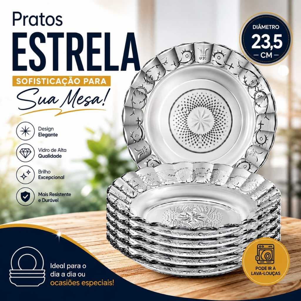 Jogo Pratos Vidro Egipcio Estrela  Prato Fundo Transparente Resistente Cozinha Mesa Pratos Vidro