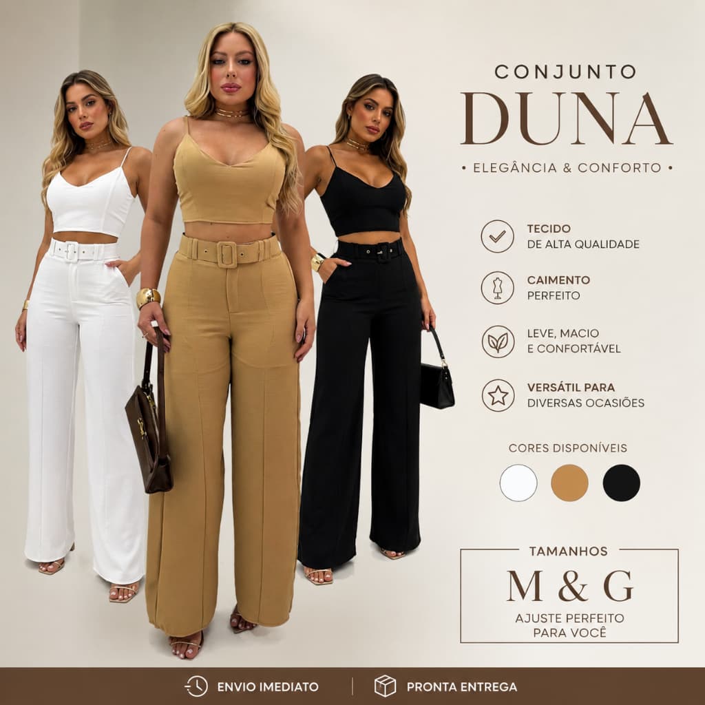 Conjunto Feminino Cropped com Bojo + Calça Pantalona com Cinto - Envio Imediato !!!