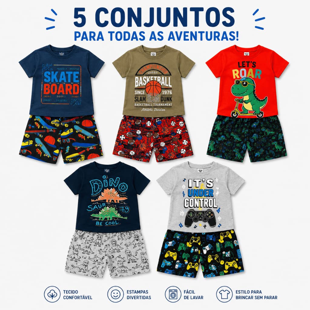 Kit 10 peças 5 Conjuntos  Roupa Infantil Menino Verão Camiseta Algodão Short Leve Confortável Premium
