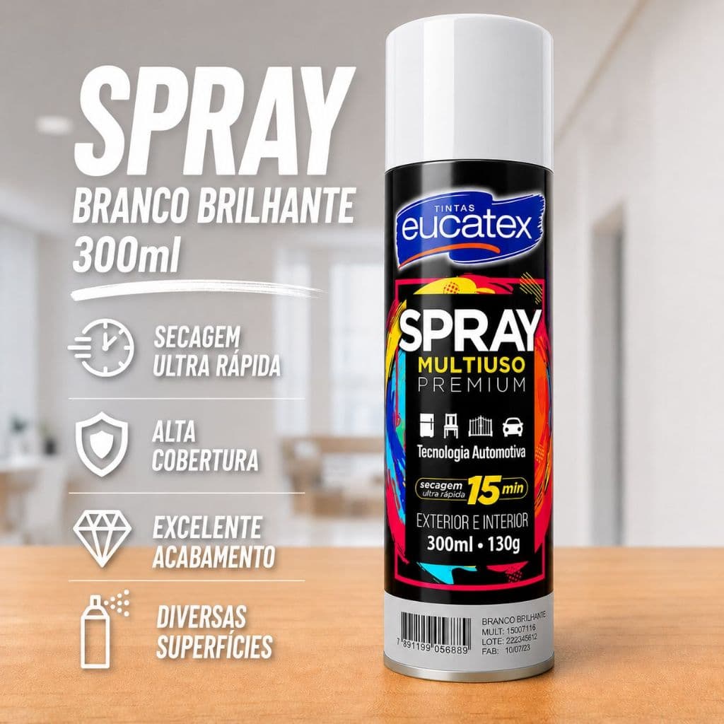 Spray Branco Brilhante Automotivo Alta Temperatura 300ml Tinta Premium Eucatex Secagem Ultra Rápida