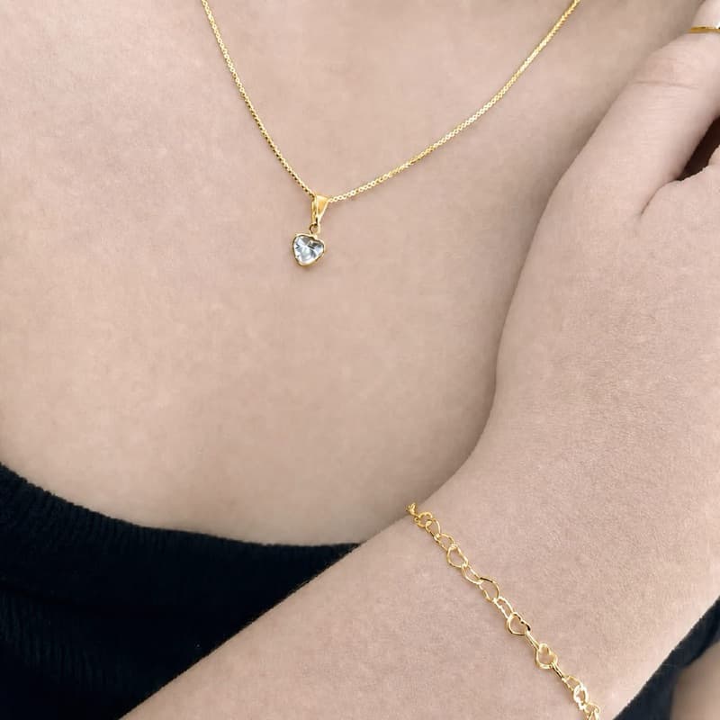 Kit 2 Peças Colar Ponto de Luz Coração e Pulseira Coração Ouro 18K Prata 925 Delicado Feminino