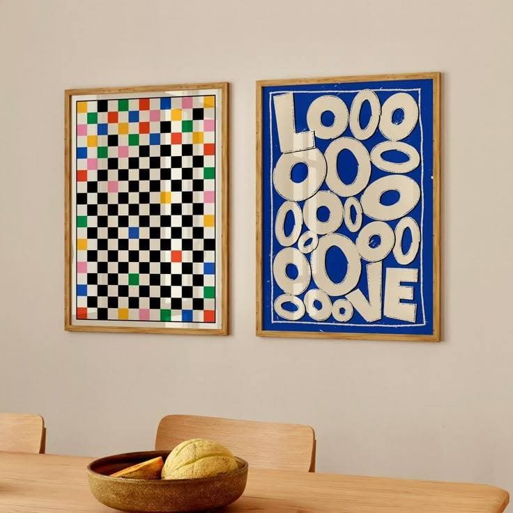 Quadros decorativos Tabuleiro Xadrez Colorido e Palavra Love Azul Sala de Jantar (2 peças)