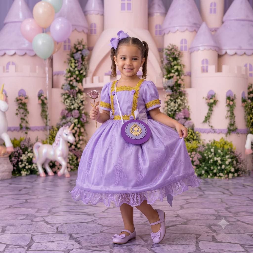 Fantasia Infantil Princesa Lilás Doce Realeza para Festas e Aniversários