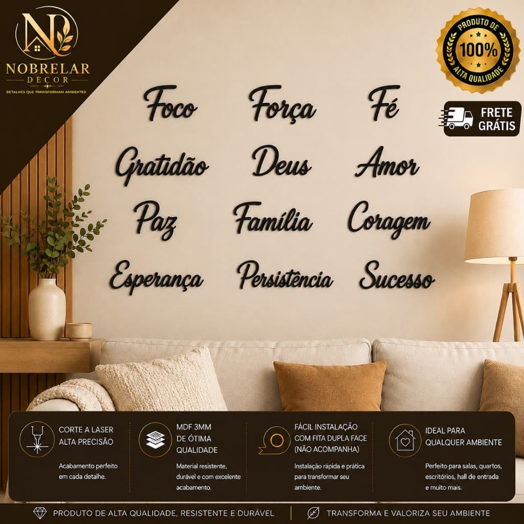 Kit com palavras para parede decorativa em mdf preto 3mm gratidão decoração para sua casa