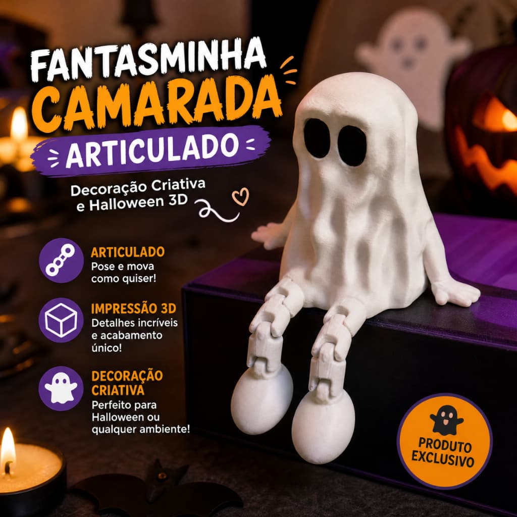 Fantasminha Camarada Articulado - Decoração Criativa e Halloween 3D