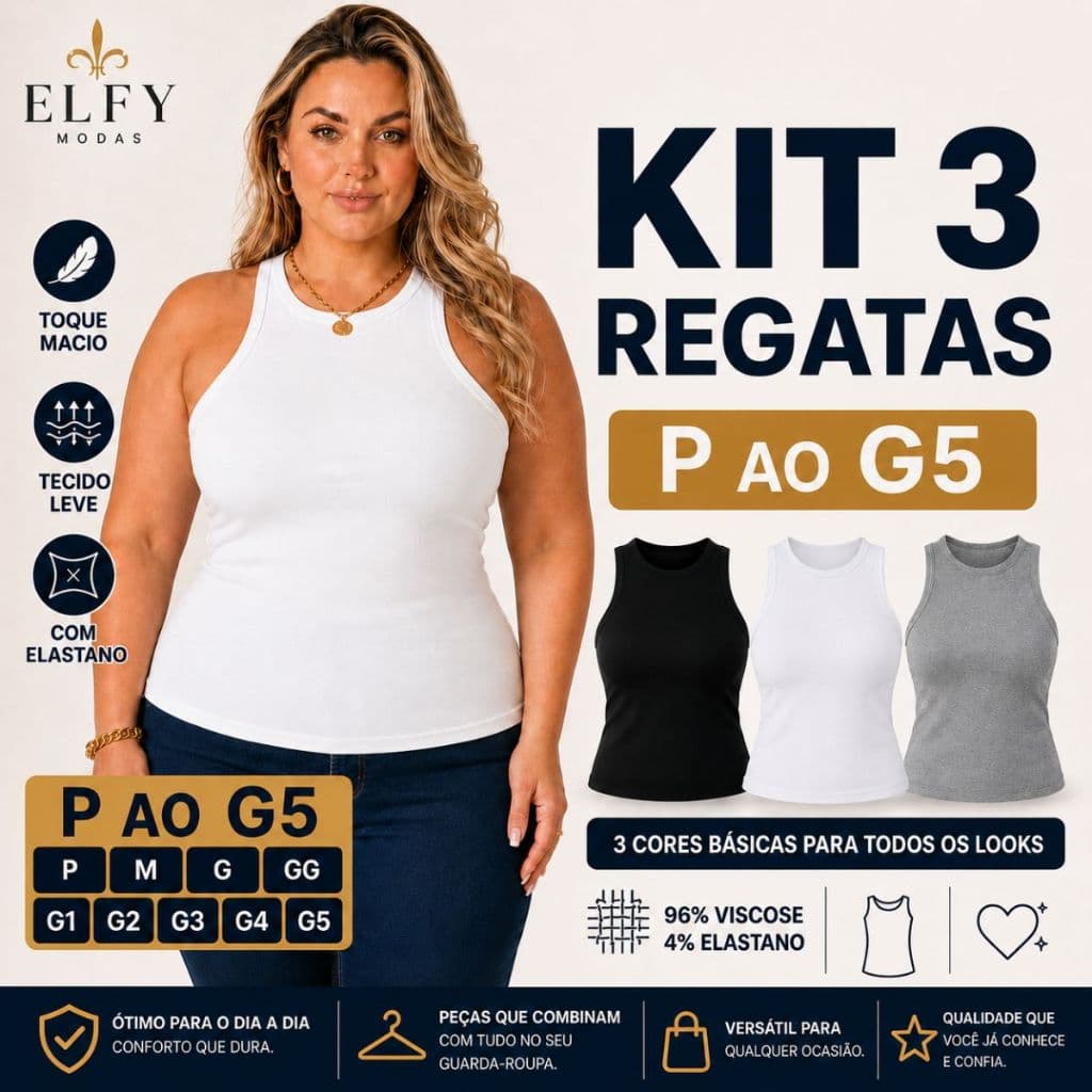 Kit 3 Regatas Femininas Plus Size P ao G5 Viscose Premium Conforto