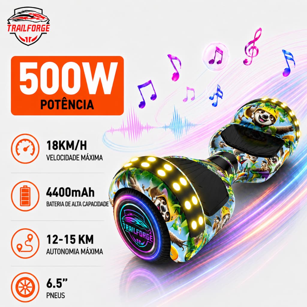 Trailforge Hoverboard Skate Eletrico Infantil 500W 6.5 Polegadas 4.4AH com Bluetooth e LED