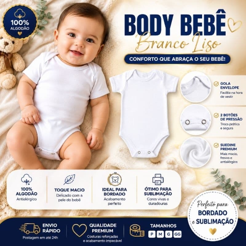 Body Bebê Branco Liso 100% Algodão Suedine Premium Manga Curta Personalizar Bordado e Sublimação