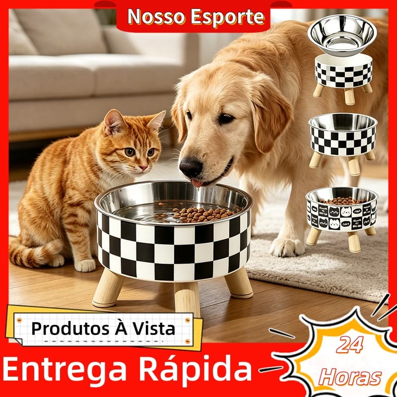 Comedouro e Bebedouro Elevado para Cães e Gatos Tigela Inox Removível Antiderramamento Ergonômico