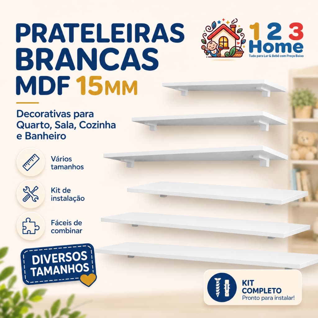 Prateleiras Brancas em MDF 15mm – Decorativas para Quarto, Sala, Cozinha e Banheiro com Kit de Instalação