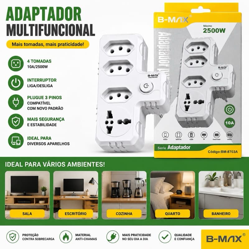 Adaptador de Tomada Branco B-Max BM-8703A 3 Entradas 10A 2500W com Interruptor Liga/Desliga