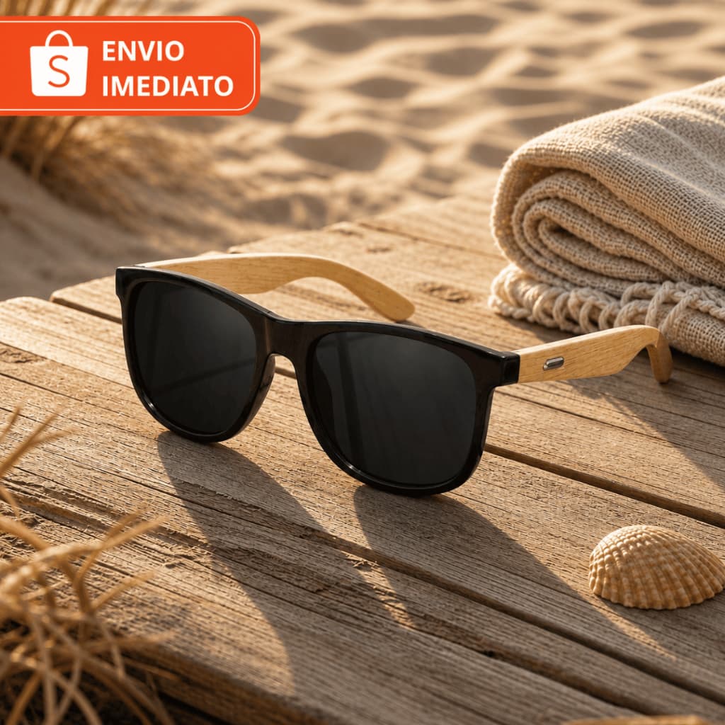 Kit Oculos de Sol Haste Estilo Madeira + Case Rigido Unissex Retro Fashion UV