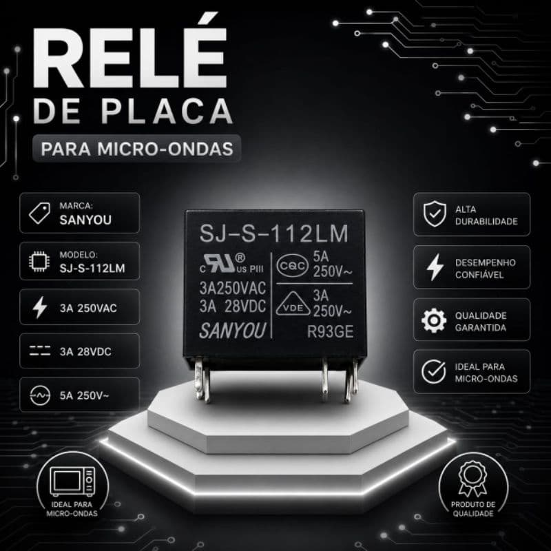 Relé de Placa para Micro-ondas *SANYOU* -  Especificações: SJ-S-112LM - 5A 250V~/3A 250V~ - 3A250VAC/3A 28VDC