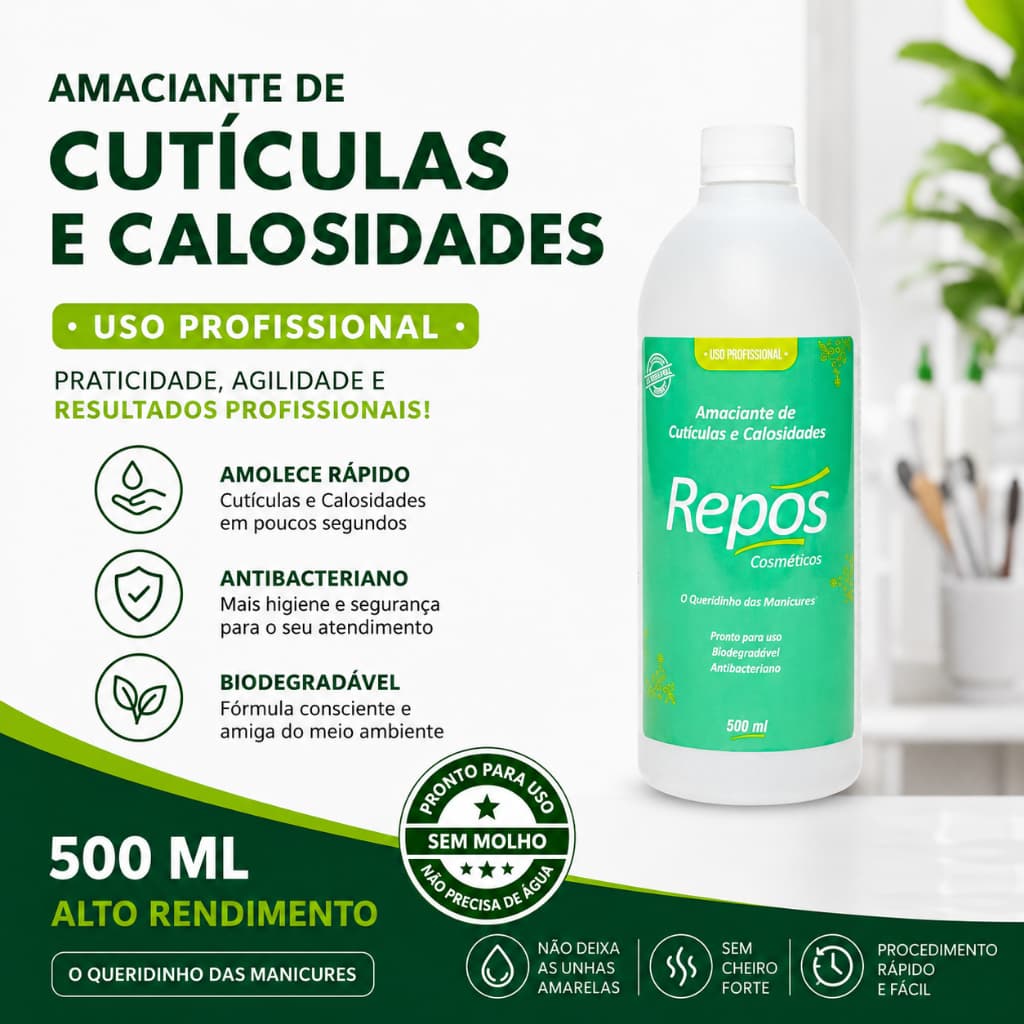Amaciante de Cutículas e Calosidades Repós 500ml Profissional Removedor Sem Água Antibacteriano Manicure Pedicure