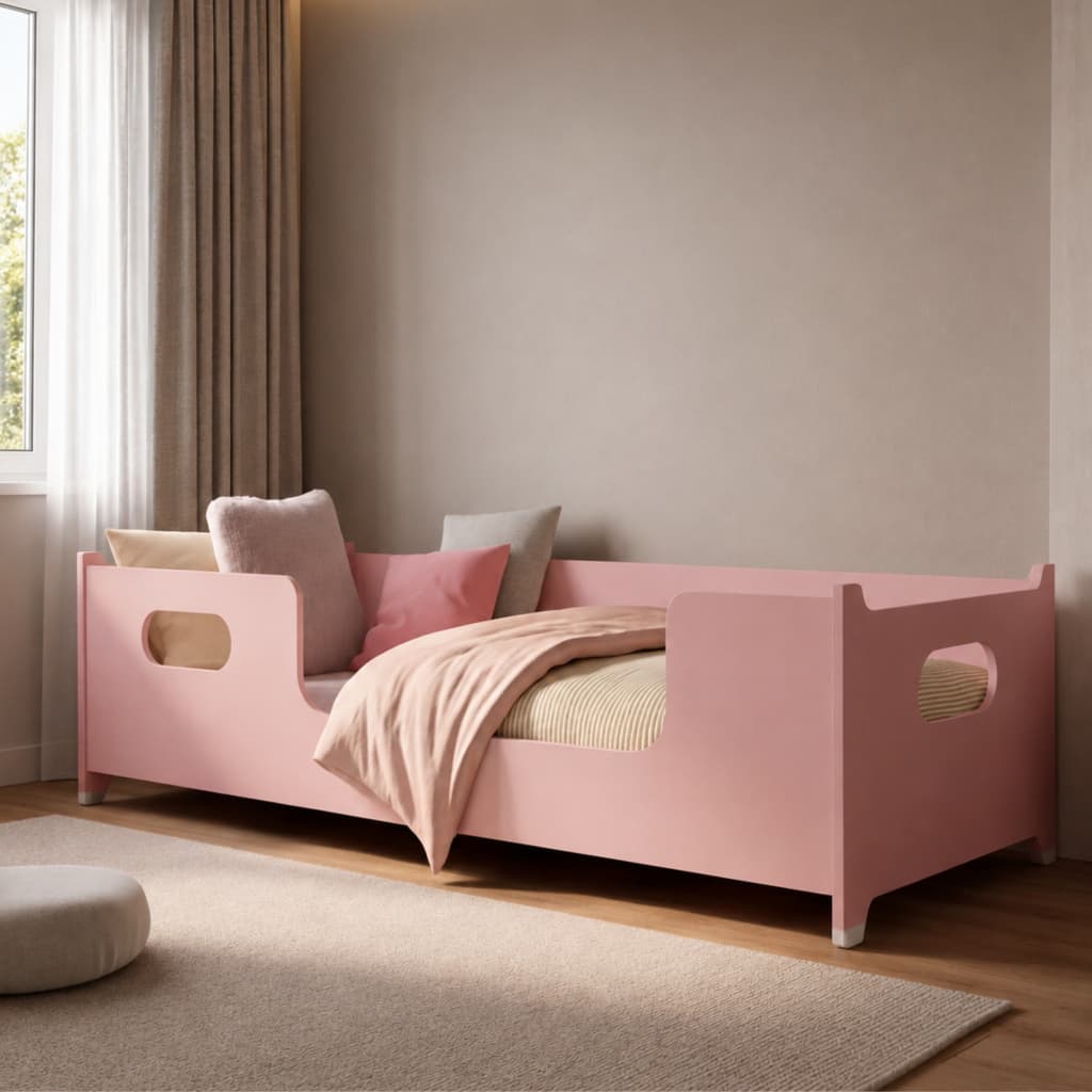 Cama Infantil Montessoriana Rosa Grade Proteção Menina Segura Moderna Quarto Bebê Solteiro Baixa