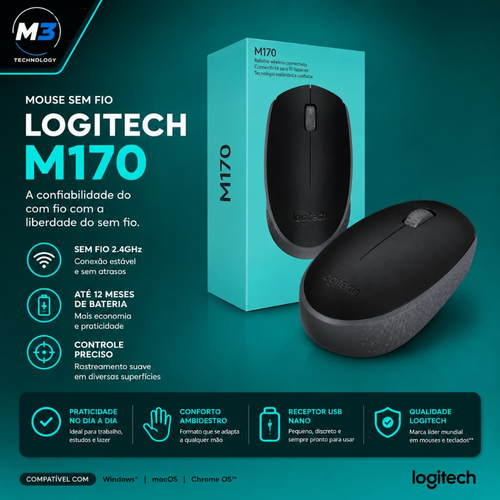 Mouse Sem Fio Logitech M170 Wireless USB 2.4GHz 1000 DPI Original Cinza