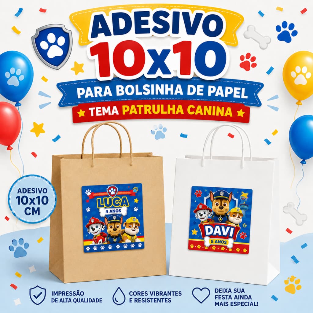 Kit 40 Rótulo Adesivo Personalizado para Bolça,  Infantil  Aniversário, Lembrancinha Patrulha Canina