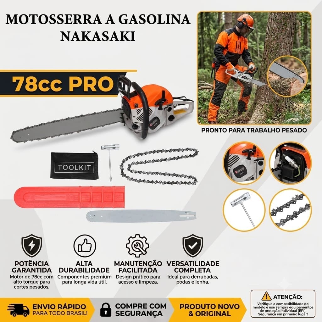 Motoserra 78cc Moto Serra Nakasaki Profissional 3,24hp Sabre 20" Pol. Trava Segurança