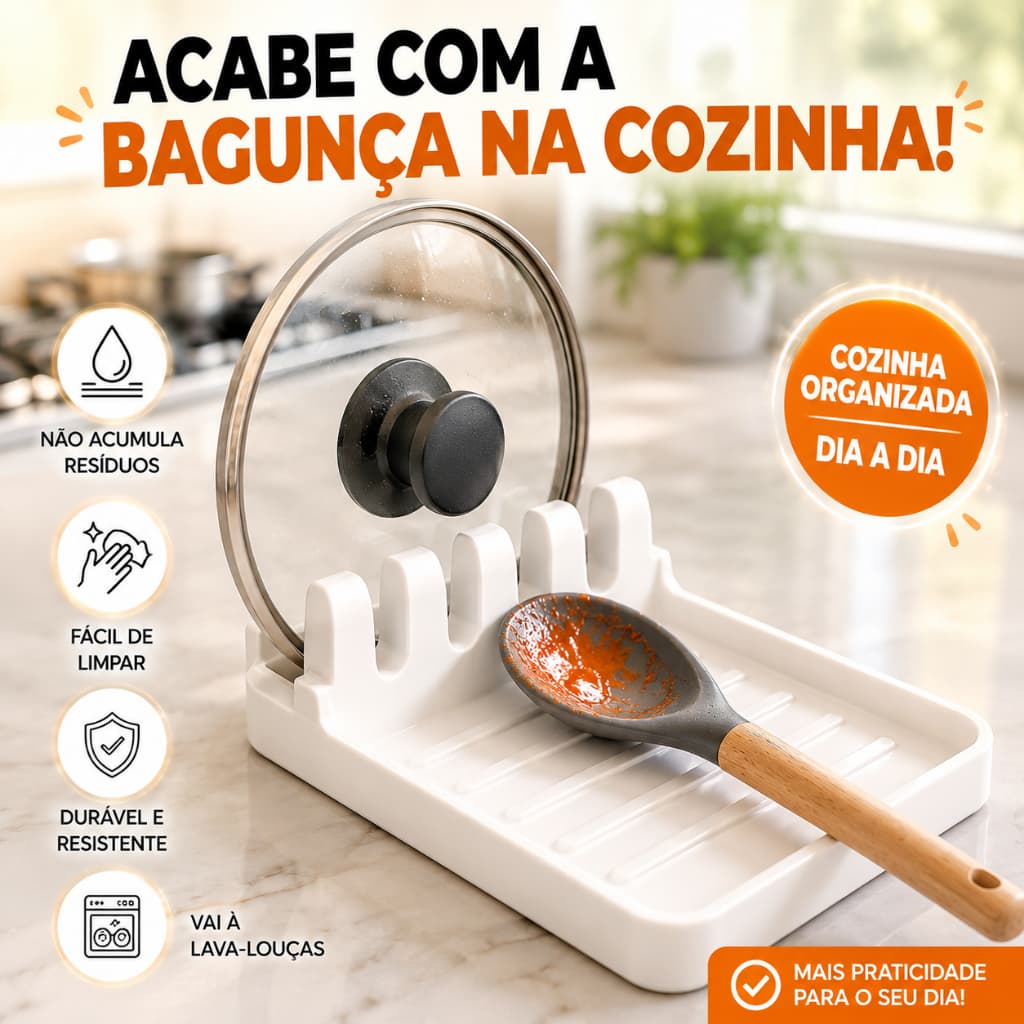 Organizador Utensílios Cozinha Suporte Tampa Colher Bancada
