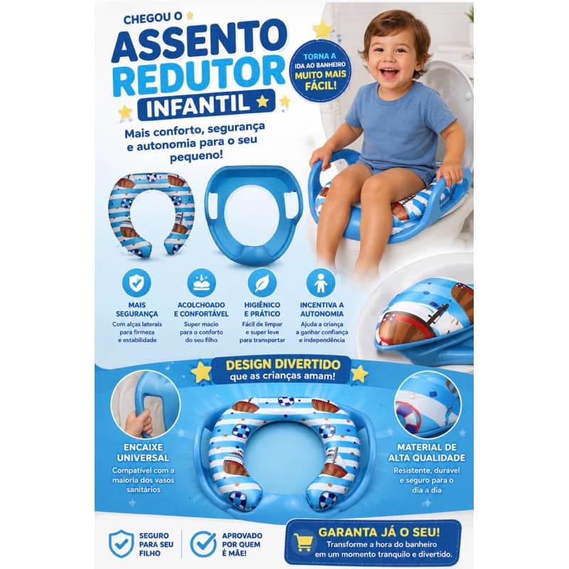 Assento de vaso Redutor Infantil Azul Almofadado com Alças Laterais e Encosto - DEKO