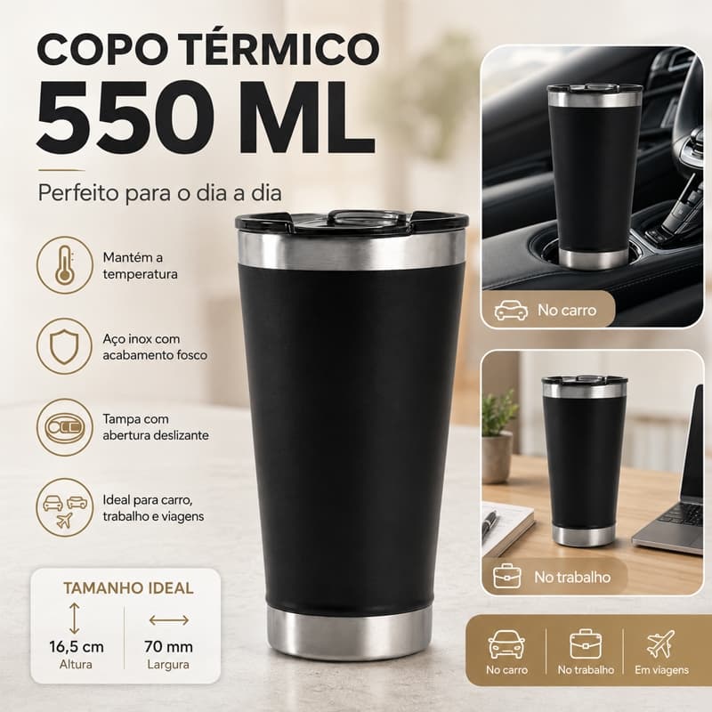 Copo Térmico 550ml em Aço Inox Preto com Tampa Deslizante para Café e Viagem