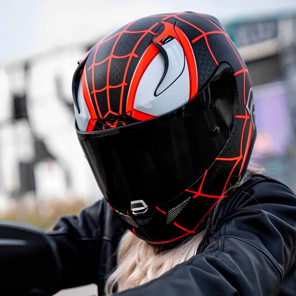 Capacete HJC RPHA 11 Miles Morales Spider Man Preto Vermelho Marvel Capacete Moto Integral Esportivo Alta Performance