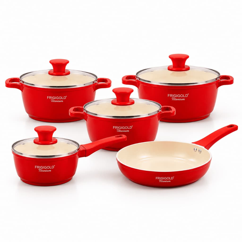 Conjunto Panelas Frigigold Titanium Vermelho 5 Peças Antiaderente Cerâmica Frigideira e Caçarolas
