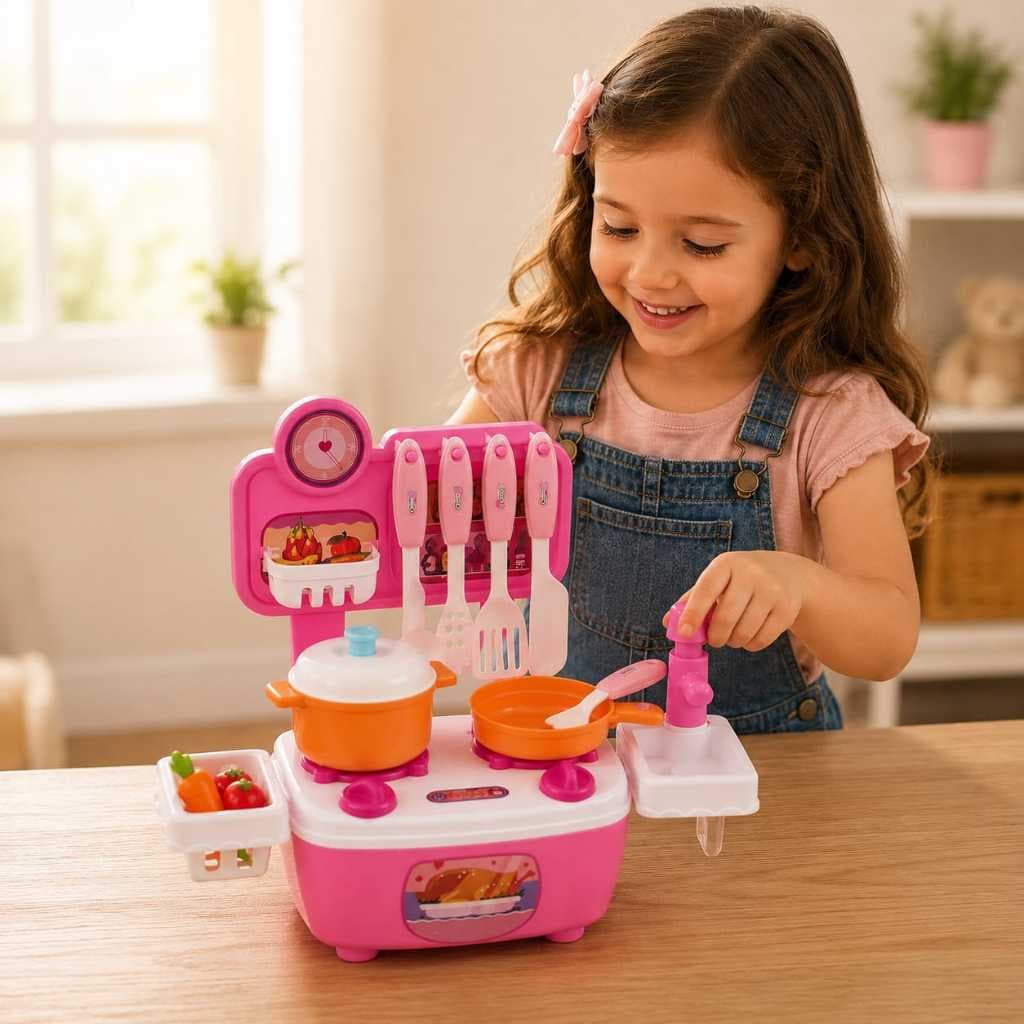 Mini Cozinha Fogão Brinquedo Infantil Sai Água com Acessórios 28 cm