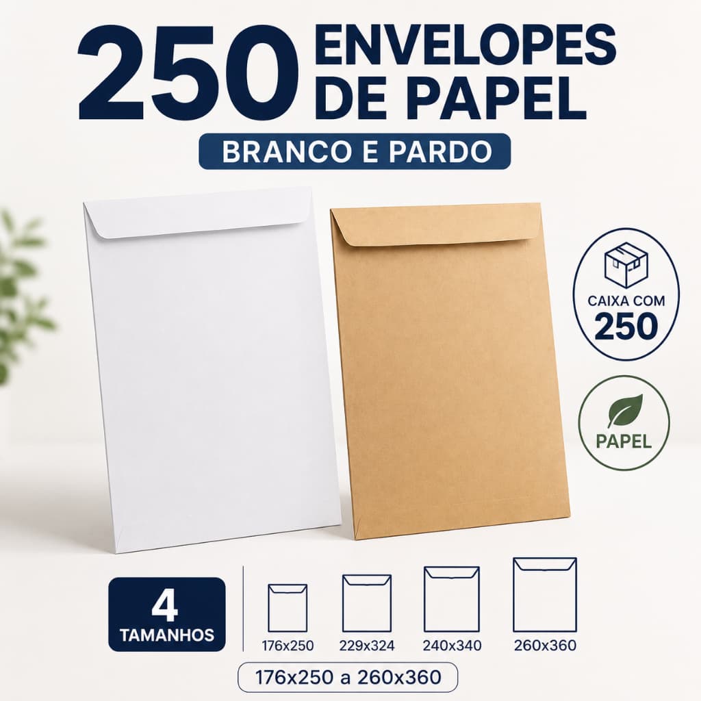 Caixa com 250 Envelopes de Papel Branco ou Pardo 4 Tamanhos 176x250 a 260x360
