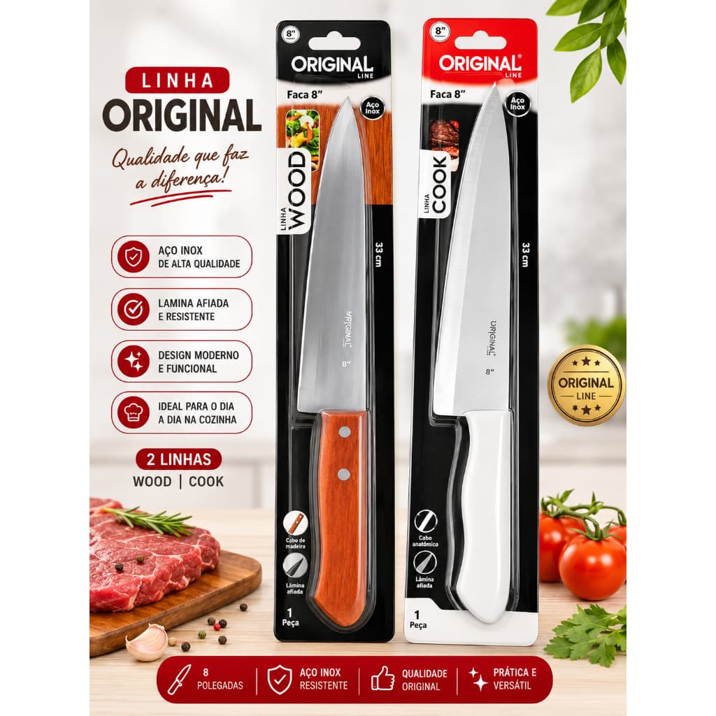 Faca Chef Original Line 8" em Aço Inox – Linhas Wood e Cook