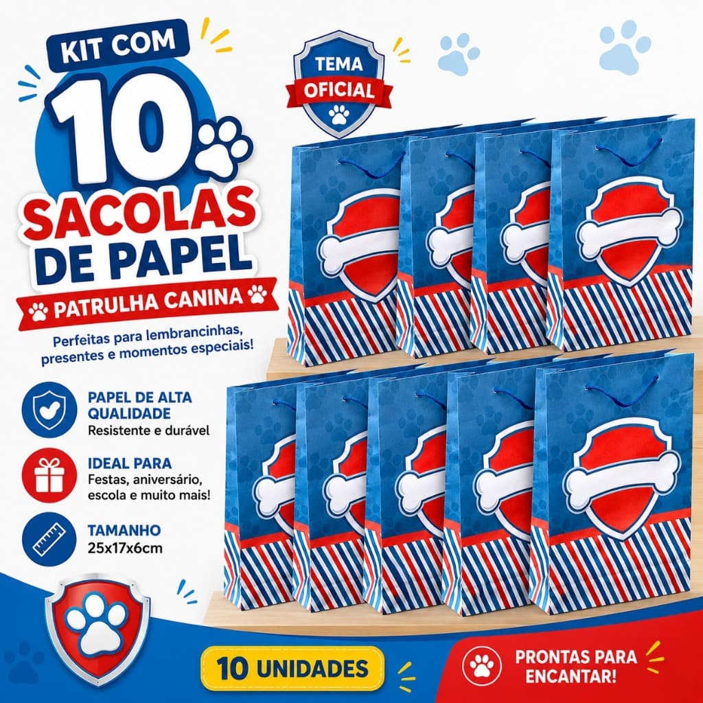 Kit com 10 Sacolas De Papel Patrulha Canina 25x17x6cm - Lembrancinha, presentes, Sacolinha PRONTA ENTREGA