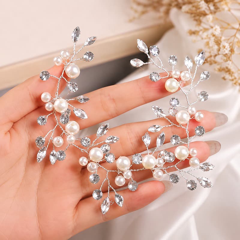 Tiara de Noiva com Pérolas e Cristais Prateada Flexível para Casamento Penteado