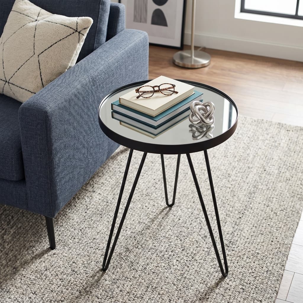 Mesa Lateral Sala  Tripé Base De Aço Estilo Industrial Tampo MDF com Espelho Luxo