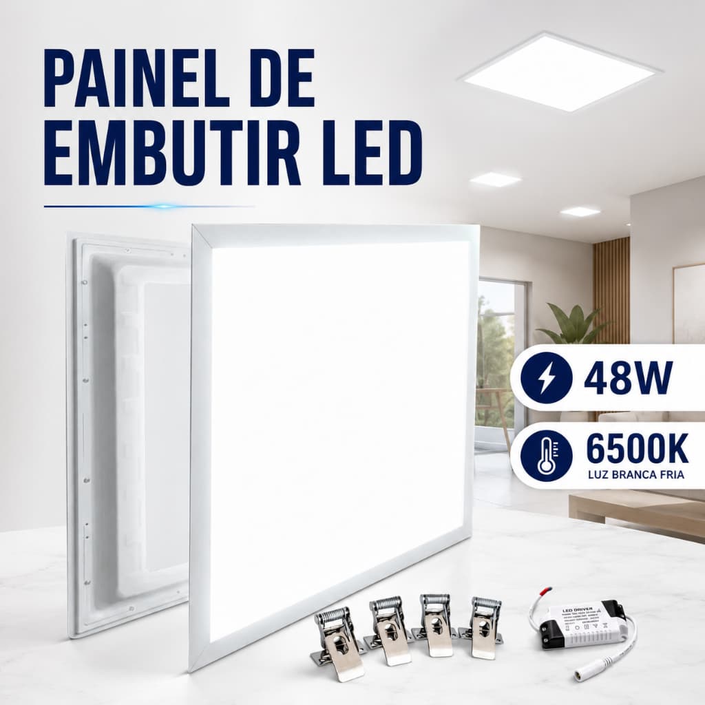 Painel Plafon Led Quadrado Embutir 48W 62x62 Luminária Modular 6500K Branco Frio