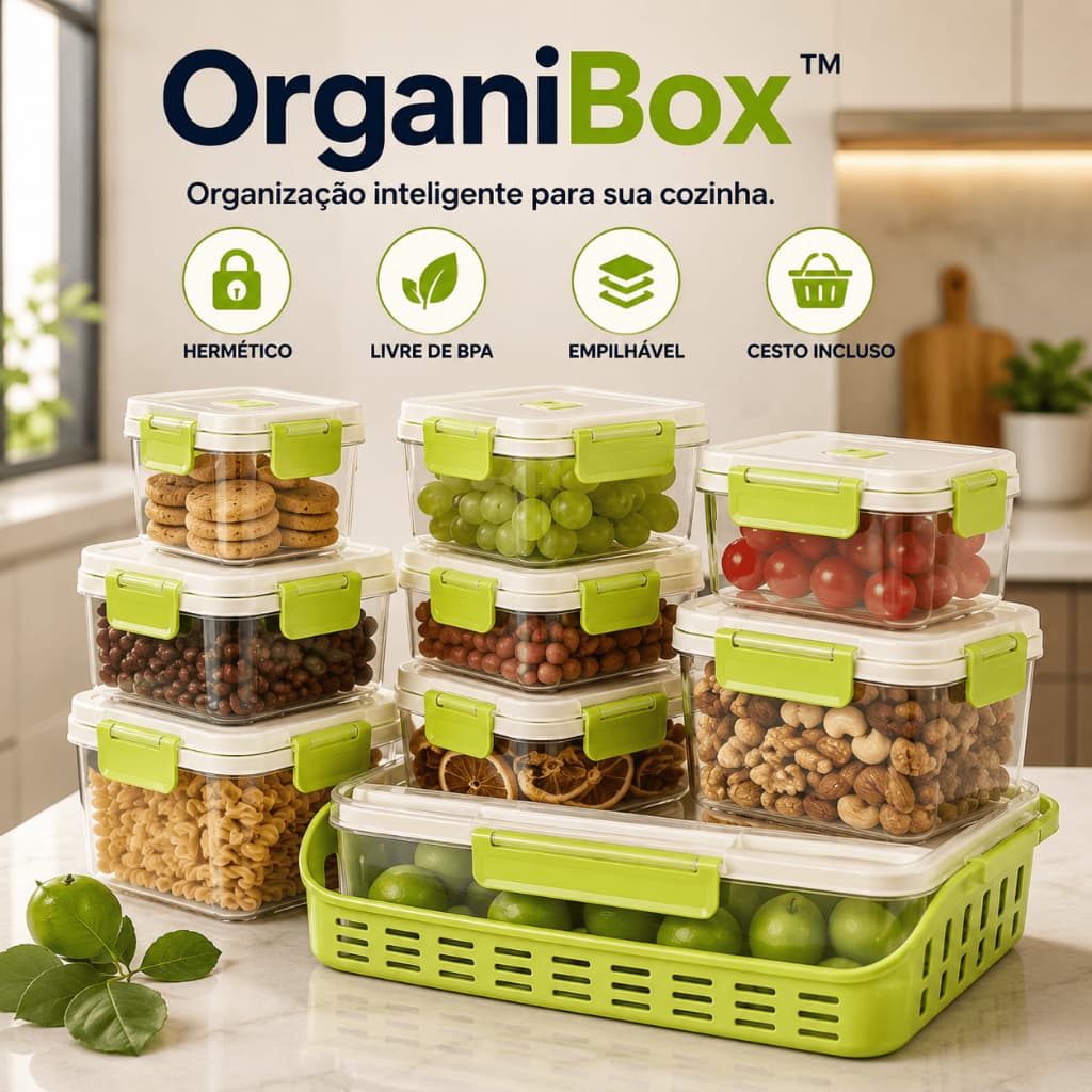 Kit Potes Herméticos OrganiBox™ 5 Peças com Cesto Organizador Tampa Hermética Livre BPA Empilhável Cozinha