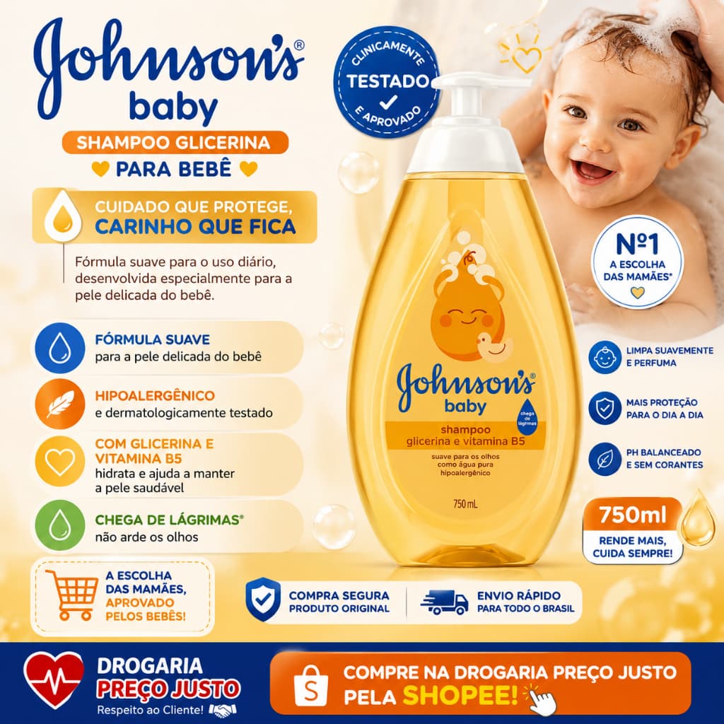 Shampoo Johnson"s Baby 750ml - Suave para Olhos, Tripla Ação, Livre de Parabenos