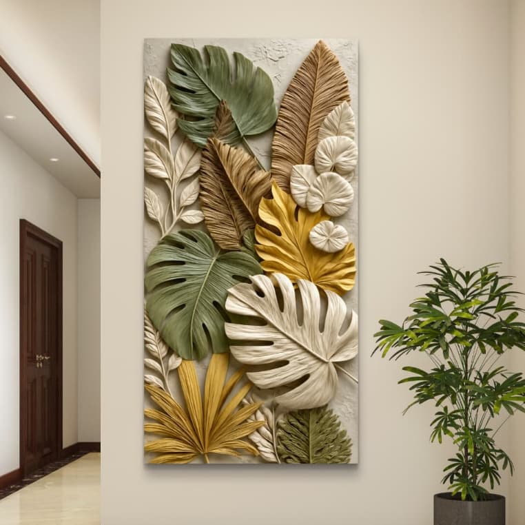 Quadro Decorativo Grande Folhagens Tropicais 3D Premium Verde Bege Dourado Sala Quarto Escritório