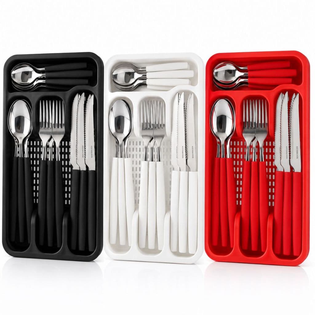 Conjunto Jogo de Talheres + Organizador Gaveteiro 25 Peças Cozinha Completo Preto Vermelho Branco Gaveta 6 Pessoas