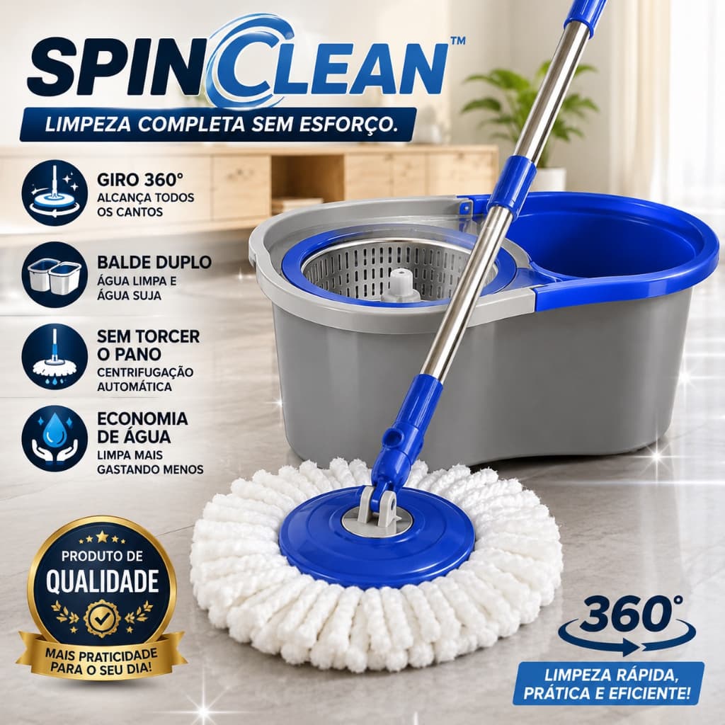 Mop Giratório 360° com Balde Duplo Centrífuga Esfregão de Microfibra Limpeza Prática