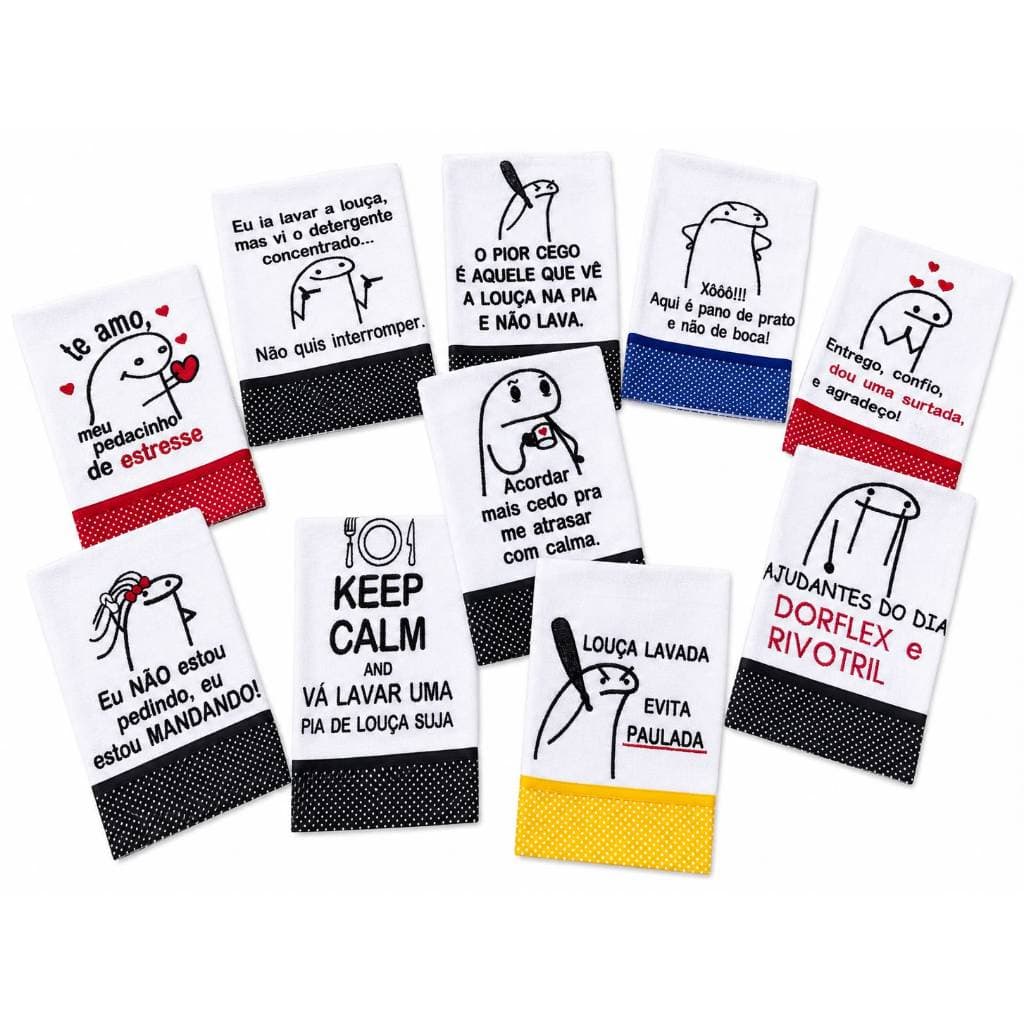 Kit Panos De Prato Flork Meme Estampado 100% Algodão Guardanapo Sacaria Pé de galinha Premium Bento Divertidos