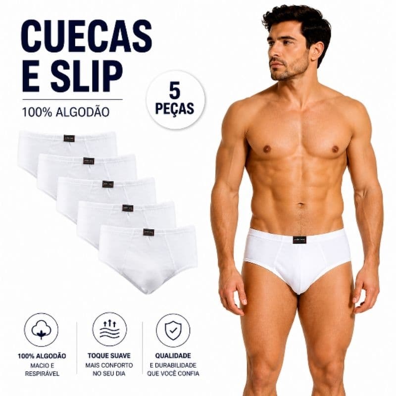 Kit 5 Cueca masculina modelo  tradicional com Forro   Na Cor -BRANCO