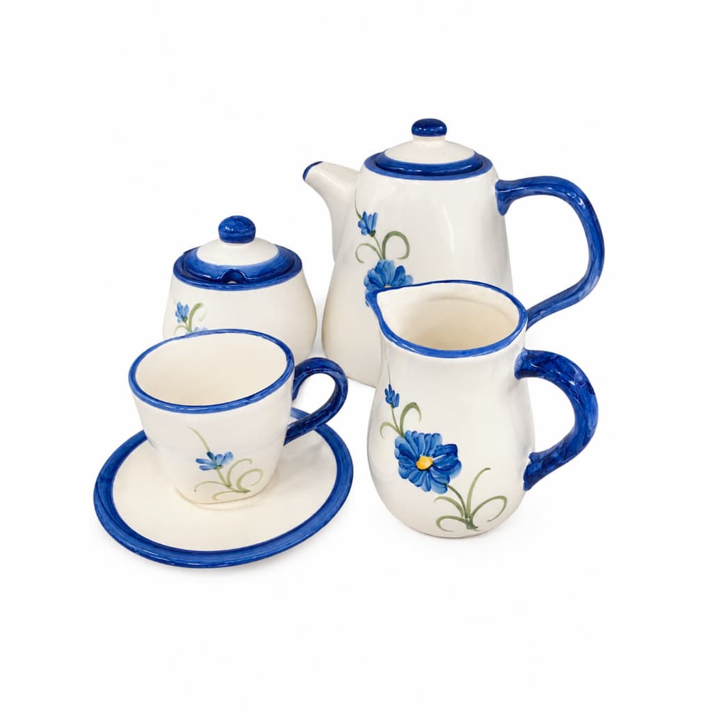 Kit Café em Cerâmica Artesanal Chaleira Açucareiro Leiteira Xícara Azul
