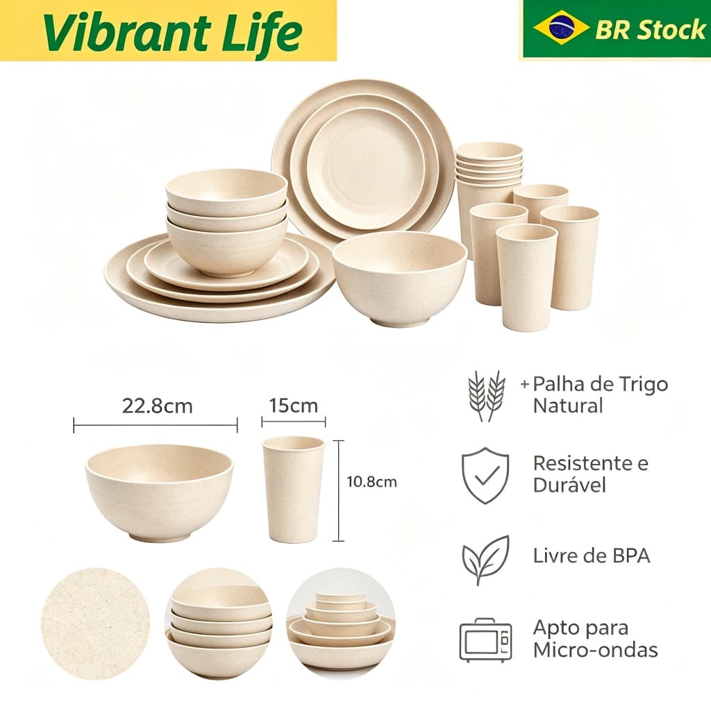 Kit Jogo de Pratos 21 Peças Colorido Pratos Fundos Rasos Bowls BPA Free Resistente