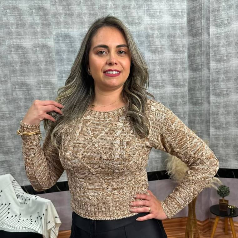 Blusa Feminina de Tricô Manga Longa Trança Gola Redonda Moda Inverno casual Elegante