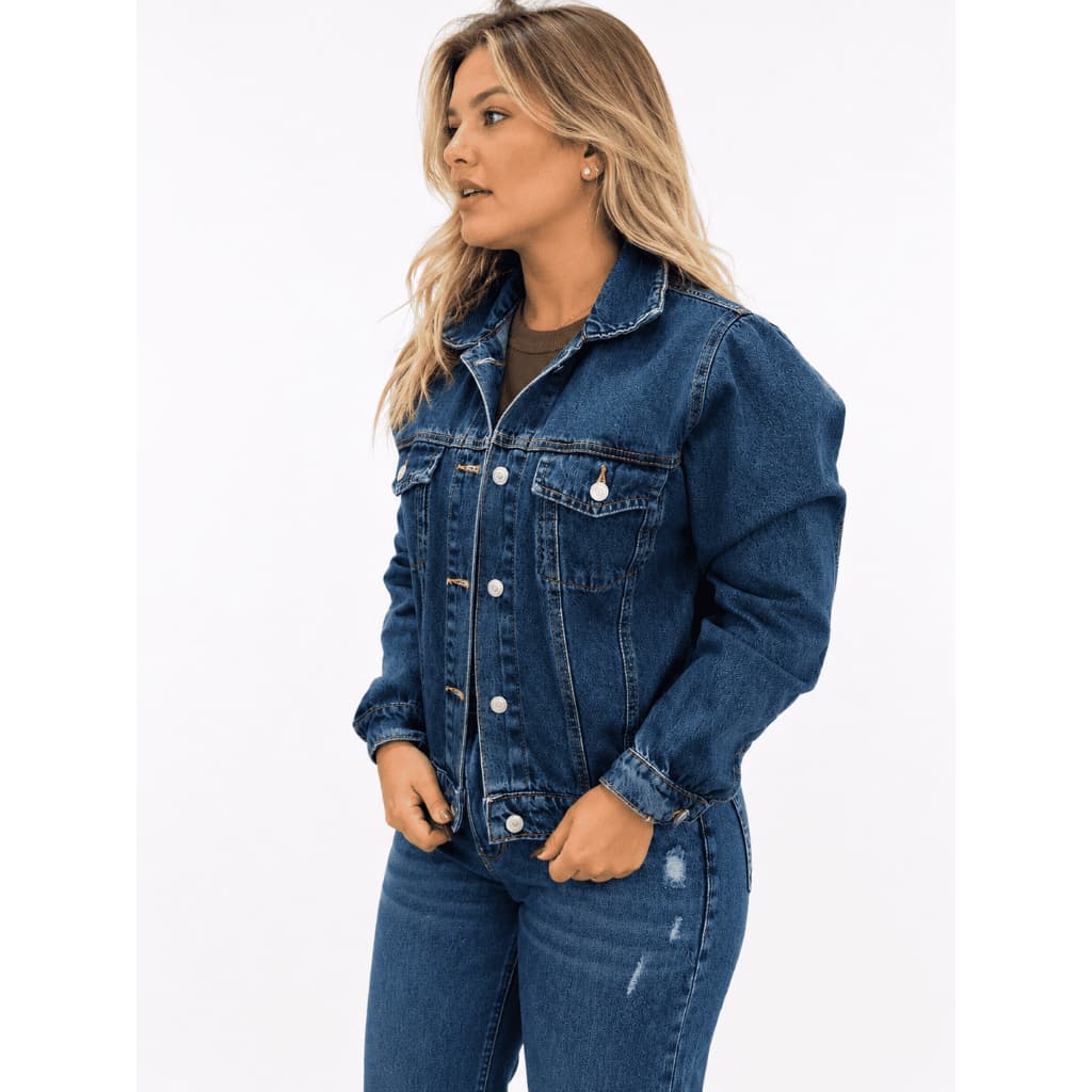 Jaqueta Jeans Feminina Azul Escuro Manga Longa Casual Básica Premium Moda 2026
