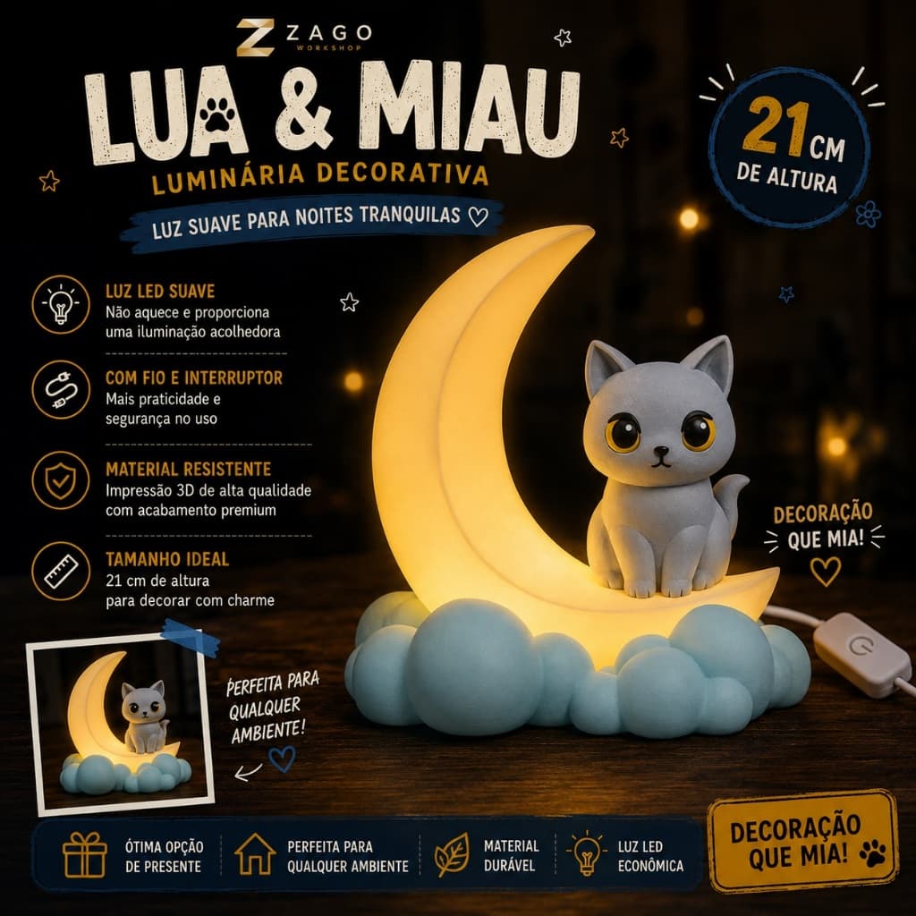 🌙🐱 Luminária Gato na Lua LED com Fio 21cm Decoração Quarto Infantil Abajur Gatinho Lua & Miau