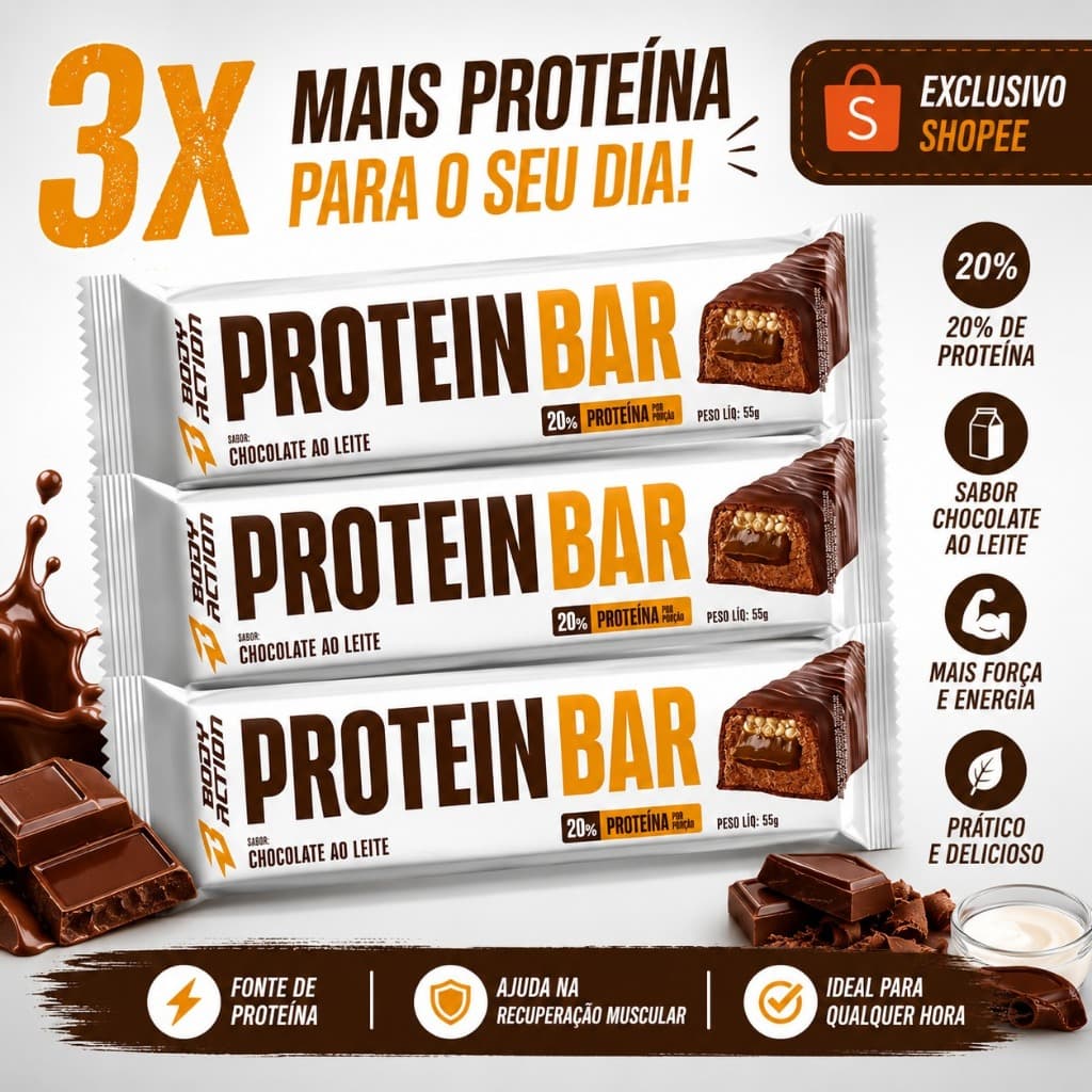 KIT 3 UNIDADES DE PROTEIN BAR CHOCOLATE AO LEITE 55G - BODY ACTION
