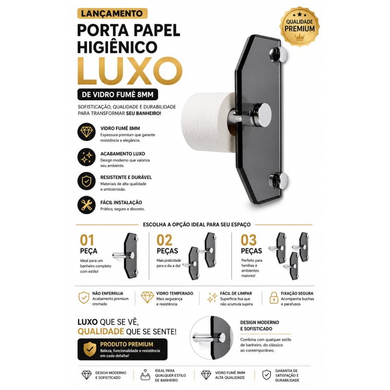 Porta Papel Higiênico Luxo Vidro Fumê 8mm, Prolongador Alumínio cromado, resistente, moderno, premium para banheiro.